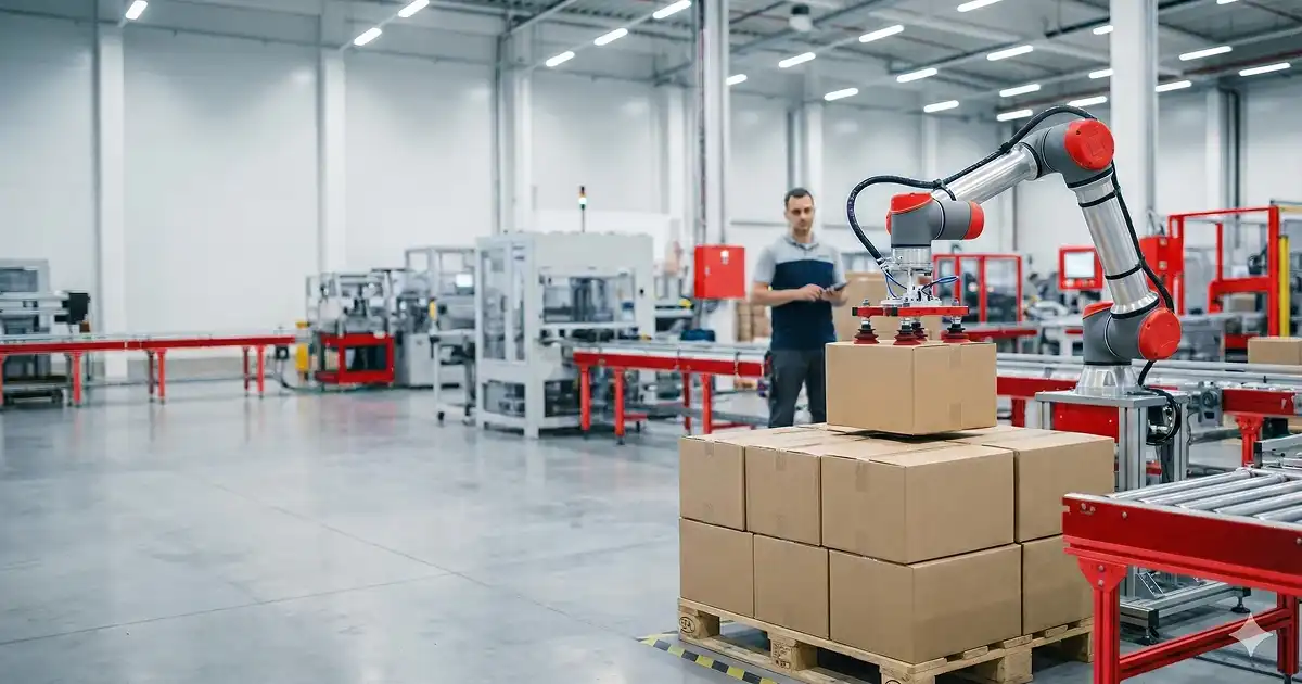 Cobot współpracujący układający kartony na palecie w hali produkcyjnej, zwiększając wydajność i bezpieczeństwo